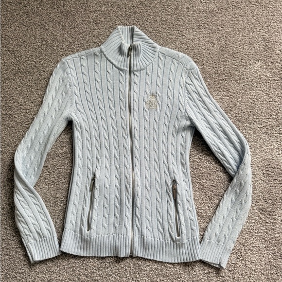 Ralph Lauren Sweaters - Ralph Lauren Sky Blue Cable Knit Cardigan with Silver logo and Zipper Details